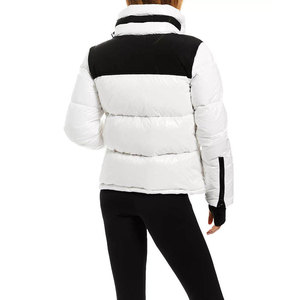 Women's Quilted Puffer <b>Jacket</b> <b>White</b> Black Contrast Stand Collar Full Sleeve Winter Warm Breathable Polyester/Nylon <b>Short</b> Zipper - Product Image 6