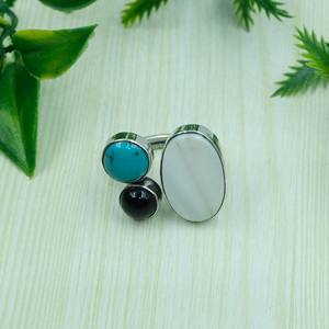 Anillo de Plata de Ley 925 con Perla de Agua Dulce, Ónix Negro y Turquesa, Anillo Ajustable, Regalo de Joyería - Product Image 5