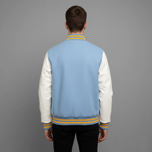 <b>Top</b> Trending Men's Light Blue Varsity Jacket White Sleeve Embroidered Logo Front Button Closure Preppy Style Autumn Wear Regular - Product Image 3