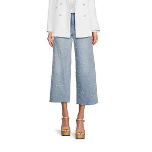 กางเกงยีนส์ขาบานทรงครอปสำหรับผู้หญิง รุ่น Wash พร้อมดีเทลมุก ดีไซน์เอวสูง สไตล์ลำลอง ราคาขายส่ง - Product Image 3