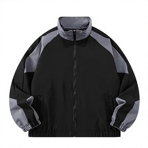 Men's Black Bomber Jacket Solid Color Zipper Closure Stand Collar Casual Windproof Polyester Autumn Wear - Product Image 1