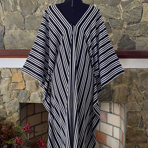 Boho <b>Vintage</b> Striped Rayon Caftan Dress One Size V Neck Flowy Women Gown - Product Image 1