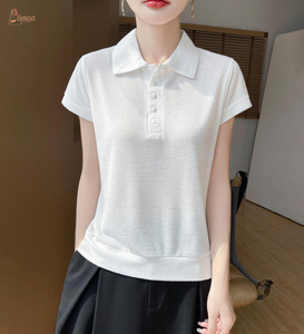 T-shirt décontracté d'été pour femme en maille Oxford unie avec col, manches courtes, anti-plis et séchage rapide - Product Image 1