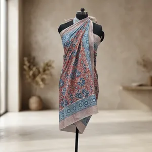 Hand Block Printed Floral Cotton Fabric with Blue <b>Red</b> Botanical Pattern and Decorative Border for <b>Saree</b> Kurti Dressmaking - Product Image 1