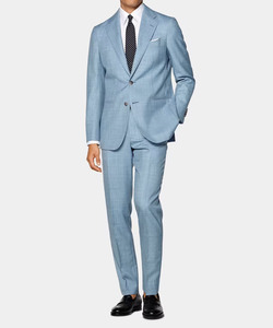 Costume plissé homme en laine/soie sur mesure, bleu clair, coupe ajustée, blazer et pantalon, polyvalent pour affaires et mariages - Product Image 4
