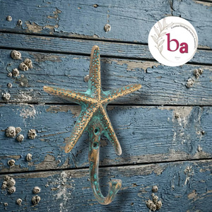 Gancho de Pared Ba Starfish de Hierro Fundido, Decoración Costera Vintage, Gancho Individual para Ropa, Resistente al Óxido, Acabado Azul Desgastado - Product Image 1