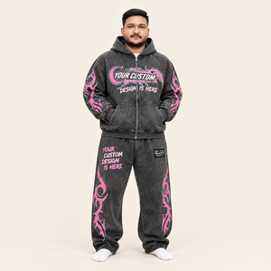 Ensemble sweat-shirt et pantalon de survêtement personnalisé pour homme, gris foncé, imprimé rose, style streetwear, coton French Terry, vêtements d'automne - Product Image 1