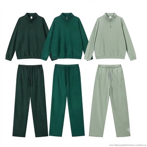 Ensemble de survêtement unisexe couleur unie avec demi-fermeture éclair, coupe ample, sweat-shirt en coton long et pantalon à cordon de serrage, tenue décontractée d'automne - Product Image 3