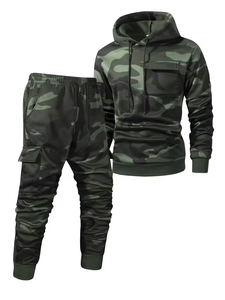 Solid 100% Cotton Terry Fabric 300g Quick Dry Multi Pocket Sports Suit Fashionable Casual Hooded Two-Piece Set Men's - Product Image 2