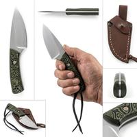 Couteau utilitaire compact de plein air personnalisé Iron Crown Forge, lame en acier inoxydable, manche en micarta vert, étui en cuir (OEM) 14 cm
