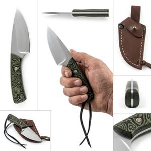 Cuchillo utilitario compacto personalizado Iron Crown Forge para exteriores, hoja de acero inoxidable, mango de micarta verde, funda de cuero (OEM) 14cm - Product Image 3