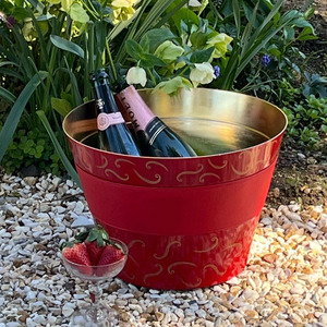 Elegant Red Curved Design Patterned Galvanized Steel Wine <b>Ice</b> Bucket With Gold Interior Premium Party Beverage Tub Supply - Product Image 2