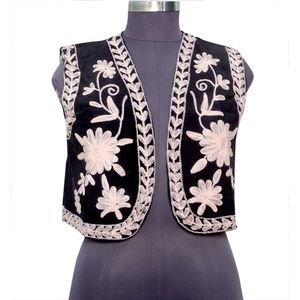 Gilet court en coton fait main pour femme, imprimé floral, col rond, ouvert sur le devant, avec broderie confortable, style décontracté streetwear - Product Image 1