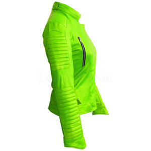 Blouson de moto en cuir vert pour homme, col montant, fermeture éclair, manches classiques, couleur unie, style motard - Product Image 4