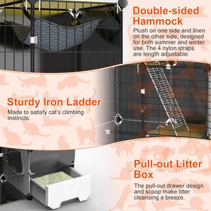 Gabbia per Gatti da Interno a 3 Livelli con Lettiera e Amaca Rimovibile, Recinto in Metallo per 1-2 Gatti, Arredamento per Animali Domestici - Product Image 4