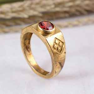 Wholesale Vintage Brass Signet <b>Ring</b> 14K Gold Plated Bold <b>Statement</b> Handmade Red Zircon Boho Hippie Style Daily Wear Unisex - Product Image 4