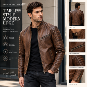 Chaqueta de Motociclista de Cuero Marrón para Hombre, Cuello Alto, Cierre de Cremallera, Corte Ajustado, para Otoño - Product Image 3