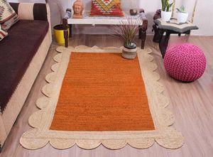 Handmade Orange Natural Jute Scalloped Border Area <b>Rug</b> Handwoven <b>Rustic</b> Boho Farmhouse Living Room Floor <b>Rug</b> Natural Fiber Home - Product Image 3