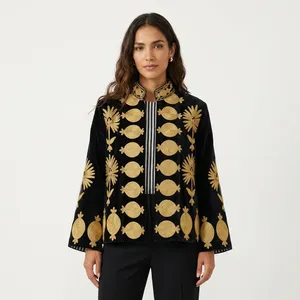Veste épaisse réversible en velours noir pour femme, style Suzani, avec broderie florale dorée, manches lanternes, fermeture éclair, en coton, pour l'hiver - Product Image 4