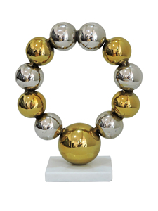 ประติมากรรมวงแหวนอะลูมิเนียมสมัยใหม่ - งานศิลปะโลหะทรงกลมสีทองและสีเงินแบบนามธรรม - ของตกแต่งเรขาคณิตร่วมสมัยบนฐานหินอ่อน - Product Image 2