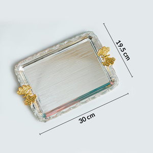 Plateau de service rectangulaire en métal argenté avec poignées papillon dorées, plateau de luxe pour les mariages, l'hôtellerie et la décoration de la maison - Product Image 2