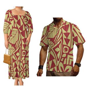 Venta al por mayor, 1 MOQ, Blusa blanca holgada para caballero y Vestido midi elegante y moderno con volantes para mujer, Traje de pareja polinesio - Product Image 4