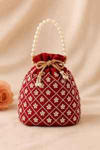 Maroon Velvet Potli Bag Pearl Bead Floral Embroidery Women Wedding Party <b>Drawstring</b> <b>Pouch</b> Evening Clutch Handbag Ethnic Purse - Product Image 5