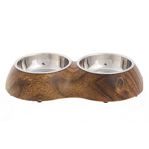 Mango Wooden Cat/<b>Dog</b> Feeder with Dual Stainless Steel Bowls Durable Pet Dish Set with Stand - Product Image 3