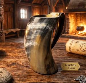 Mug à vin rustique vintage en corne, fait main, écologique, durable, avec poignée naturelle, outils de bar, capacité 550 ml, longueur 180-200 mm, décoratif - Product Image 1