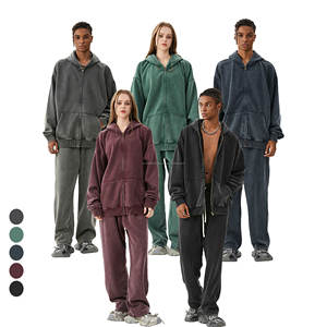 Nouvelle arrivée vente en gros 460GSM sweats à capuche et pantalons de survêtement pour hommes lavage à l'acide polaire rétro fermeture éclair sweats à capuche ensembles pour hommes - Product Image 1