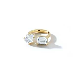 Bagues de fiançailles 4 carats Toi et Moi, diamant de laboratoire taille poire émeraude, or massif 10K 14K 18K, bijoux fins de luxe minimalistes et élégants - Product Image 4