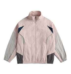 Unisex Color Blocking <b>Racer</b> <b>Jacket</b> Stand Collar Zipper Closure Sporty Style Breathable Lightweight Waterproof Windproof - Product Image 1