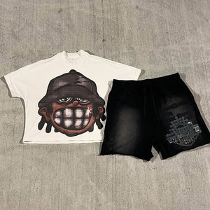 ชุดเซ็ตฤดูร้อนแบบยูนิเซ็กซ์ สปอร์ต สตรีทแวร์ ผ้าฝ้าย ชุดแทรคสูท เสื้อยืดและกางเกงขาสั้นผู้ชาย ล้างสีแบบแอซิด สไตล์ลำลอง เสื้อยืดน้ำหนักเบา - Product Image 5