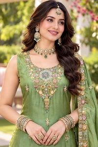 Hot Selling Women's Green Embroidered Viscose <b>Tissue</b> Palazzo Suit With Beads Work And Dupatta Trendy <b>Wedding</b> Ethnic Wear Set - Product Image 2