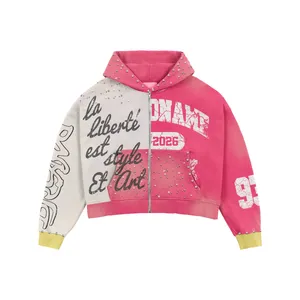 Ensemble sweat à capuche rose color block pour homme, style streetwear, imprimé, en molleton bouclette, pour l'automne, avec logo et pantalon à cordon de serrage - Product Image 2