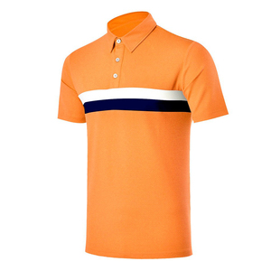 Men's <b>Orange</b> Short Sleeve <b>Polo</b> Shirt With White And Navy Stripes Knitted Casual Button Design Regular Fit - Product Image 1