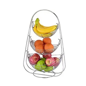 Cesta oscilante de tres escalones de acero inoxidable para frutas y verduras, práctico diseño para cocina y mesa de comedor