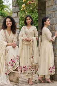 Salwar Kameez brodé crème avec motif floral, coupe ample, longueur cheville, tenue traditionnelle indienne et pakistanaise pour femmes - Product Image 3