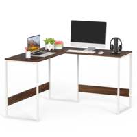 Bureau d'ordinateur en forme de L en érable brun brillant avec pieds en métal blanc pour la maison ou le bureau, idéal pour le télétravail