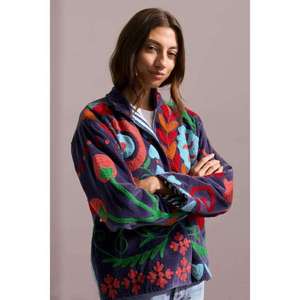 Veste Suzani en coton faite à la main en bleu foncé avec broderie florale multicolore, manteau bohème pour femmes - Product Image 3