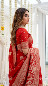 Sari de Seda Roja con Bordado Dorado, Traje Tradicional Indio para Bodas, para Mujer, Largo hasta el Suelo, Corte Regular, para Todas las Estaciones, Protección Solar - Product Image 4
