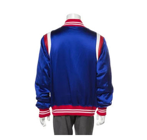 Veste universitaire en satin bleu pour homme, avec bordures rouges et blanches, coupe décontractée, pour l'automne, fermeture éclair simple, poches zippées - Product Image 2