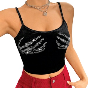 Black Velvet <b>Rhinestone</b> Skeleton Hand Crop <b>Top</b> Sleeveless Gothic Style Women's Tank <b>Top</b> - Product Image 3