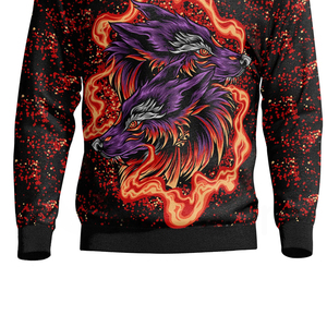 Sweat-shirt à col rond imprimé flamme de loup violet pour homme, pull décontracté, coupe régulière, tricoté en polyester, vêtement d'automne - Product Image 5