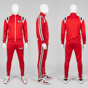 Ensemble de survêtement rouge à capuche pour homme, veste zippée et pantalon de jogging, logo personnalisé, design rayé, tenue de sport décontractée légère en deux pièces - Product Image 1