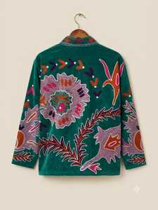 Blouson court vintage ethnique pour femme en velours brodé tissé à la main, motif floral, vêtements d'extérieur automne-hiver, Rajasthan - Product Image 2