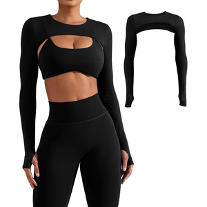 <b>Women</b> <b>Black</b> Long Sleeve <b>Crop</b> <b>Top</b> Crew Neck Solid Color Seamless Hollow Out Yoga Shirt Skinny Fit Full Sleeve Spandex Polyester - Product Image 6