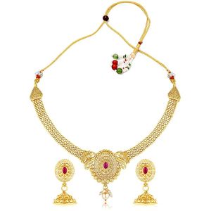 Gold Plated Alloy <b>Necklace</b> and Earring Set with <b>Ruby</b> Stone Classic Women's Wedding Jewelry - Product Image 4