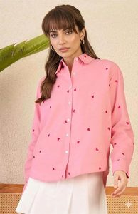 Chemise en rayonne à imprimé cœur pour femme, coupe classique, manches longues, col boutonné, tenue décontractée - Product Image 5