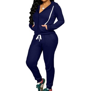 Ensemble de survêtement blanc pour femme, couleur unie, manches longues, fermeture éclair, pantalon décontracté, taille plus, automne, 100% coton - Product Image 2